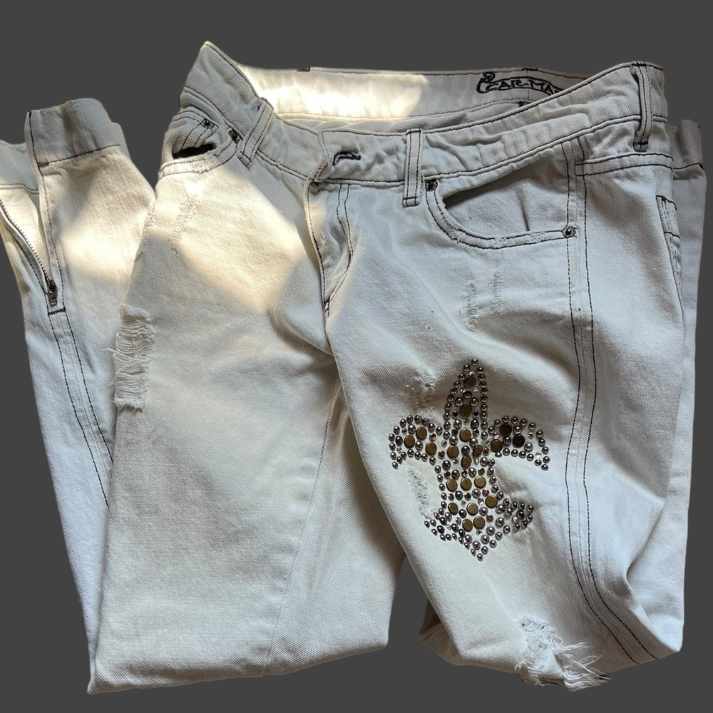 Carmar LF Low Rise White Jeans – Studded Fleur de Lis – Size 27 - Picture 2 of 8
